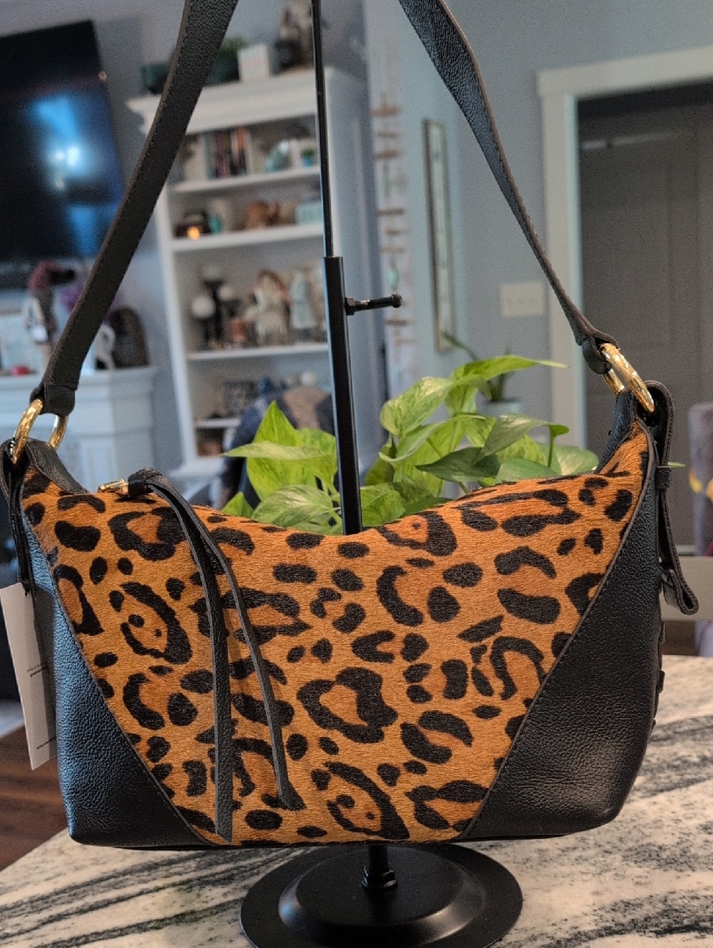 Aimee Riley Leopard Calf Hair And Black Leather Hobo Shoulder Bag